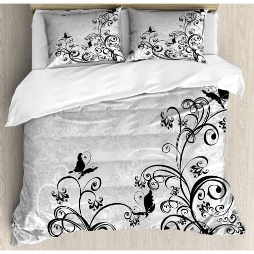 Black and Grey Duvet Cover Set Grunge Illustration of Butterflies and Floral Details 3 Piece Bedding Set Charcoal Grey Pale