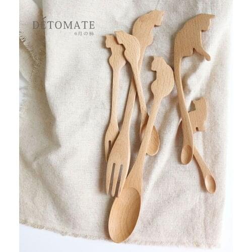 Detomate Japanese spoon fork creative cartoon cat spoon hand-made beech spoon fork set tableware