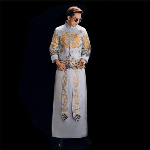 Chinese Style Long Robe Stage Performance Toast Clothing Men Ancient Show Blue Robe Royal Wedding Bridegroom Classic Costume