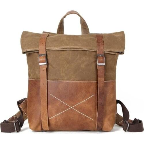 Dropship Unisex Hard Oil Waxed Canvas Leather Backpacks Criss-Cross Waterproof Backpack Men for Travel 14" Laptop Back Packs