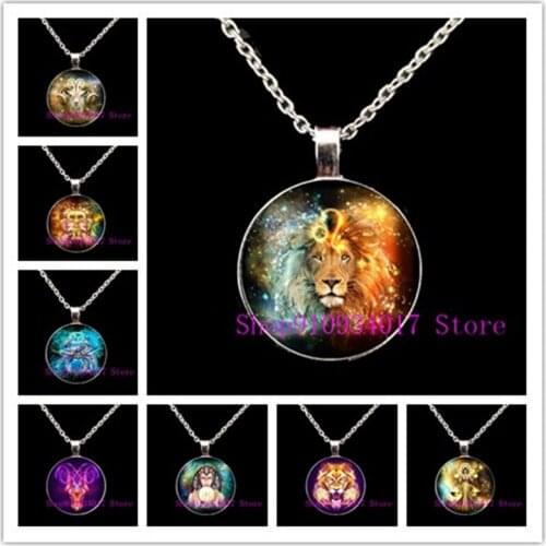Handmade Esoteric 12 Constellations Glass Necklace Leo Virgo Libra Scorpio Sagittarius Zodiac Sign Pendant Necklace for Birthday