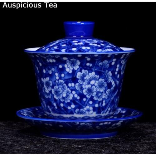 225ml Handmade Porcelain Gaiwan Exquisite Blue Glaze Ceramics Tea Bowl with Saucer Lid Kit Master Tea Tureen Teaware Drinkware
