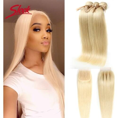 Sleek Mink Human Hair Blonde 613 Bundles With Closure Brazilian Straight 3 4 Bundles With Closure Hair Extension Remy Human Hair