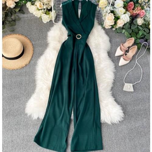 Womens spring summer sleeveless v neck slim jumpsuit female high waist wide leg pants overall TB147