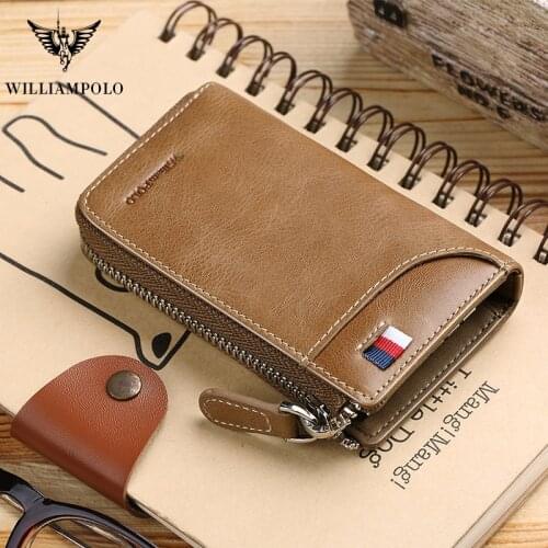 WilliamPOLO Vintage Leather Key Case Wallet Keys Organizer Keychain Car Key Holder 6 Hooks Zip Around Credit Card Cash Purse New