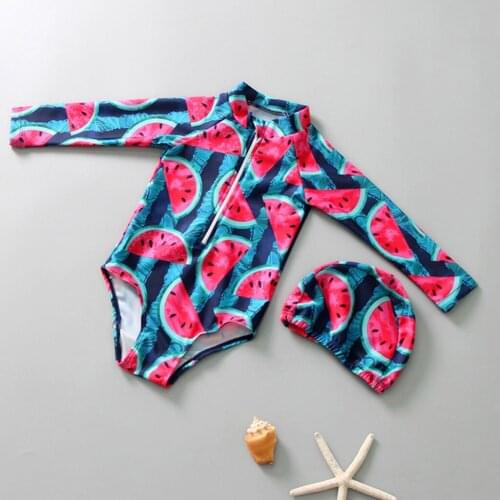 2020 New Kids Baby Girls swimwear Long Sleeve Fruit Print swimsuit baby girl Beach Swimwear Hat Clothes Set L1226