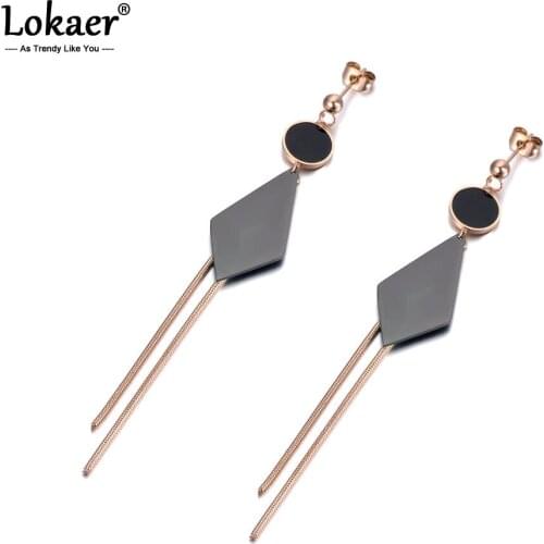 Lokaer Stainless Steel Black Acrylic Tassel Dangle Earrings For Women Girl Rose Gold Bohemia Style Ear Jewelry Party Gift E19075