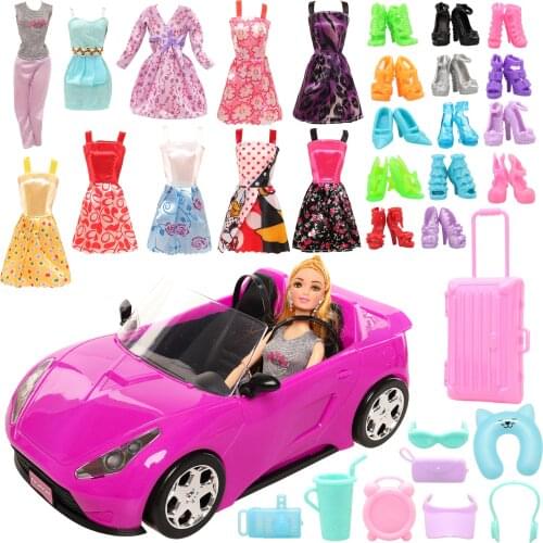 Fashion Handmade 31 Items /lot= 1 Doll 10 Dolls Clothes 10 Doll Shoes 8 Living accessories Colors Trunk Toy Car For Barbie Game