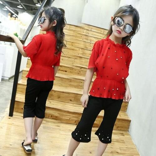 2020 Fashion Summer Baby Teenage Girls Clothing Sets Chiffon Pearls Shirts+Pants 2 Pcs Suit Children Kids Clothes Set JW3100A