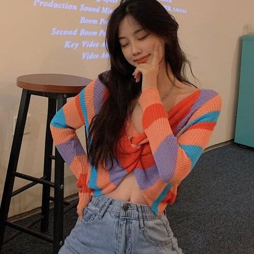 Fashion Sexy Women Knitted Top V-Neck Long Sleeve Top Rainbow Color Short Knitted Top