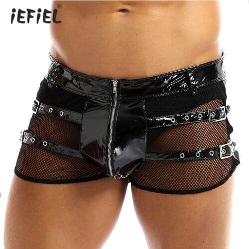 Mens Erotic Lingerie Wet Look Patent Leather Sissy Panties Underwear Low Rose Fishnet Front Zippered Latex Panties Boxer Costume