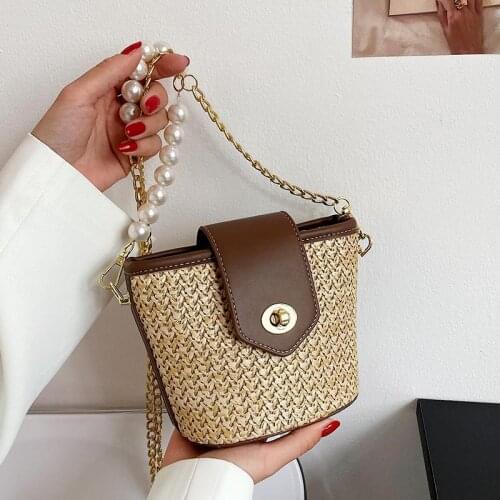 Casual Knitted Pearl Chain Shoulder Bags for Women 2021 Fashion Summer Travel Luxury Brand Designer Handbag Female Crossbody Bag