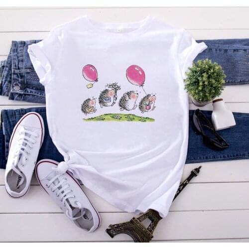 Womens T-shirt O-neck Short Sleeve Tshirt Summer Harajuku Tshirt 90S Girls Tshirt Kawaii Hedgehog Tshirt Cartoon Tshirt