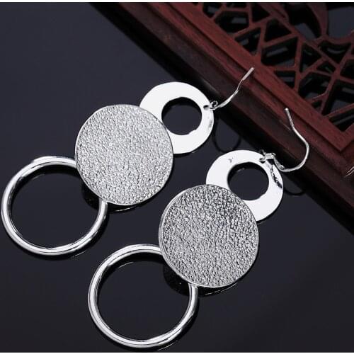 Hot 925 Sterling Silver Vintage Frosted circle long Earrings for woman fashion party wedding brands jewerly Christmas Gifts