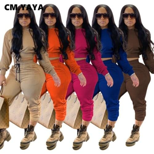 CM.YAYA Sport Sweatsuit Womens Set Hooded Crop Top Jogger Pants Set Active Tracksuit Matching Two Piece Fitness Outfit Set
