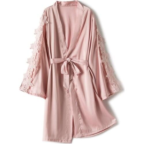 Womens Sexy Satin Lace Robe Summer New Ice Silk Kimono Gown Loose V-Neck Solid Casual Sleepwear Thin Bride Bridesmaid Bathrobe
