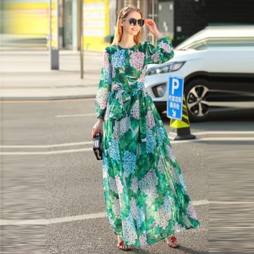 Customized 2017 Autumn New Fashion Hydrangea Flora Printed Elegant Big Swing Dress Womens Slim Bohemian Vacation Dresses