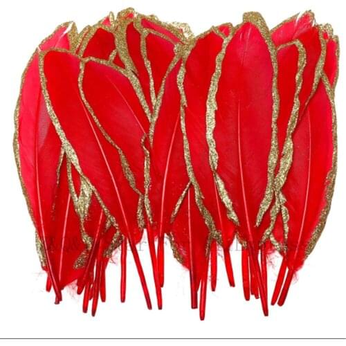 10-100 natural 15-20CM (6-8 inches) goose feathers dyed red sprayed gold powder edge DIY craft jewelry feather