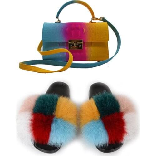 2020 Women Famous Designer Brand Bag Fashion Fluffy Fox Fur Slippers Exquisite Plush Fur Flip Flops Luxury Ladies Hand Bags Hot