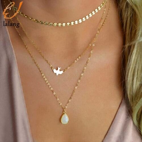 2021 New Peace Dove Soar Flying Layers Crystal Sequins Chain pigeon bird Water Drop Pendant Multilayer Necklace