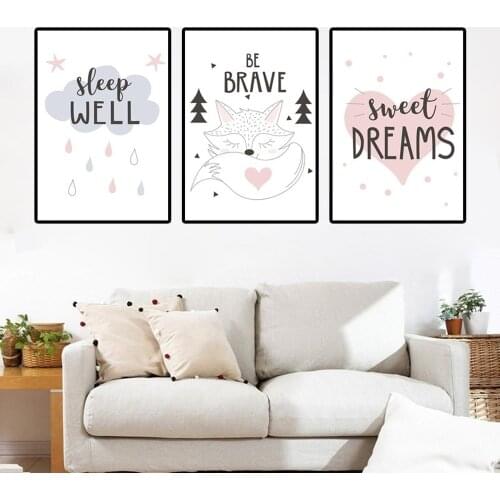 Cute Animal Inspirational Phrase Canvas Painting Sleep Well Sweet DREAMS Be Brave Poster Childrens Room Kindergarten Wall Decor