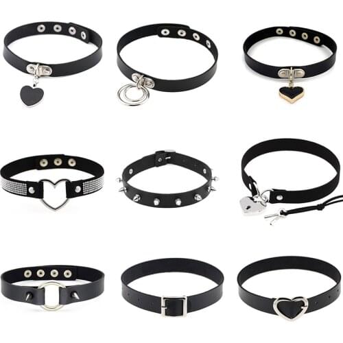 LOVE Hot Punk cross Collar Choker Bell Round Necklace Heart black PU Leather Punk Goth 100% Handmade Neck Jewelry