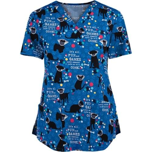 Women Short Sleeve Nurse Uniformes Cartoon Print Scrubs Top Pet Shop Beauty Salon Spa Working Clothes Nursing Overalls A40