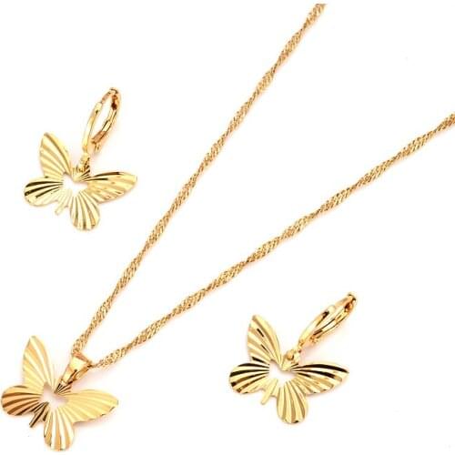Dubai India Africa gold lovely butterfly gold plated set fashionable girl bride engagement wedding earrings necklace gift