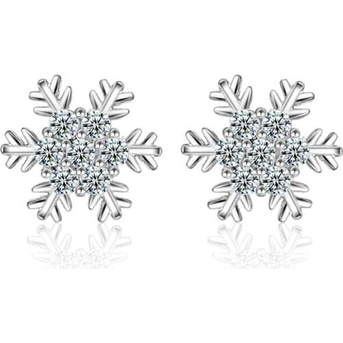 Lovely Snowflake Shape Women Girls Jewelry 925 Sterling Silver Stud Earrings With Full Clear Cubic Zirconia