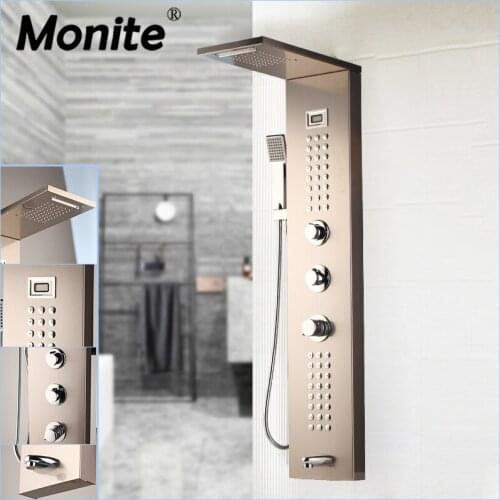 Monite Nickel Brush Shower Column Massage Jets Solid Brass Bathroom Rainfall Shower Head W/Hand Sprayer Faucet Shower Set Faucet