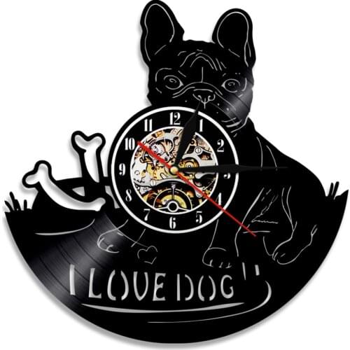 I Love Dog Wall Clock French Bulldog Dog Vinyl Record Clock Animal Pet Pug Puppy Wall Watch Album Record Artwork Dog Lover Gift