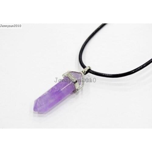 Natural Ame-thyst Gems Stones Hexagonal Pointed Healing Reiki Chakra Pendant Black Leather Cord Necklace 18''lnch 5 Sets/Pack