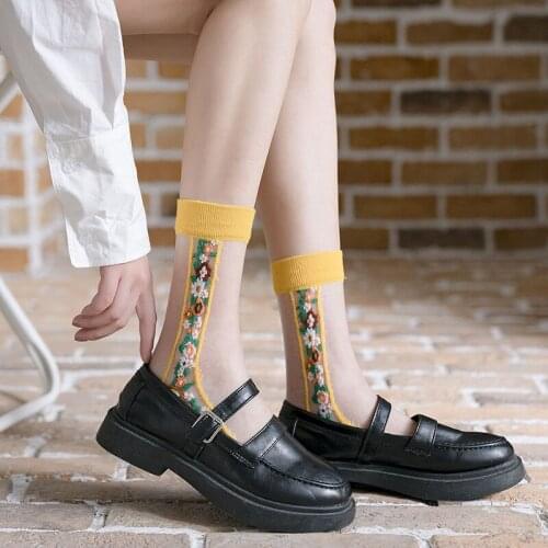 1 Pair Breathable Ultra Thin Socks Summer Women Transparent Lace Silk Crystal Flower Girls Elastic Short Socks Female Sox