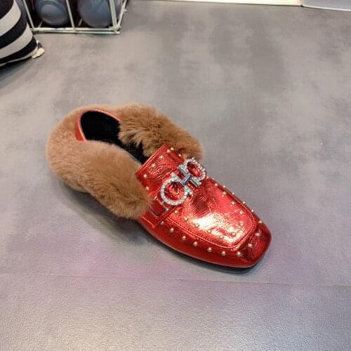 OLOMLB Womens Real Rabbit Fur Rivet Loafers Shiny Flats Slip On Bling Rhinestones Crystal Buckle Decor Shoes 4Colors New 2020