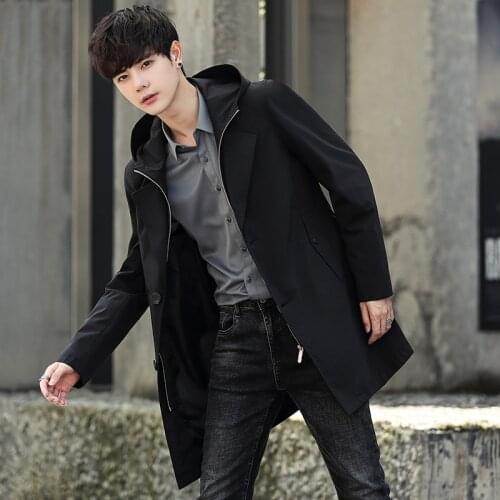 Casual Mens Autumn Mid-Length Windbreaker Trench Long Coat 2021 Korean Style Hooded Zip Jackets Large Size M-4XL Top Overcoat