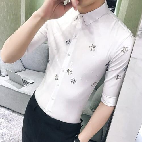 British Style Summer Hot Rhinestone Windmill Half Sleeve Shirts Men Tuxedo Slim Fit Casual Streetwear Dress Blouse Homme 3XL-M