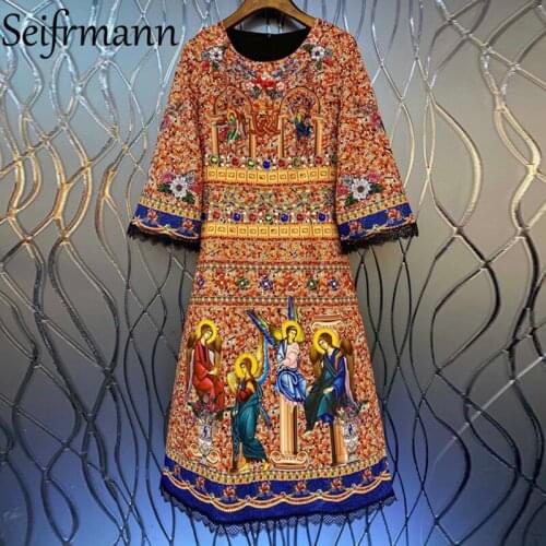 Seifrmann New 2021 Autumn Women Fashion Designer Party Midi Dress 3/4 Sleeve Gorgeous Lace Crystal Vintage Print Ladies Dresses