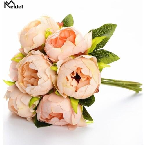 Meldel Bridal Wedding Bouquet Artificial Silk Rose Peony 7 Heads Flower Pink Bridesmaid Bouquet DIY Party Prom Wedding Supplies