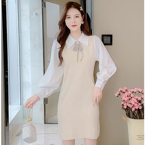SWEETXUE Shirt Dress Women Spring Autumn New Women Patchwork Knitted Long Sleeve Chic Women