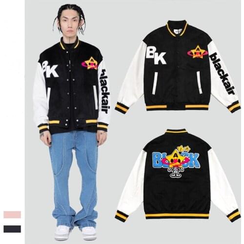Street Hipster Autumn and Winter Unisex Bomber Jacket Star Towel Embroidery Retro Color Block Mens Baseball Jackets Loose Coat