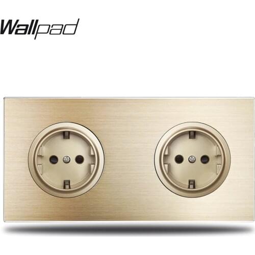 Wallpad L6 Gold Double German Schuko EU Electric Power Outlet Wall Socket Gold Brushed Aluminum Metal Panel, 172*86mm