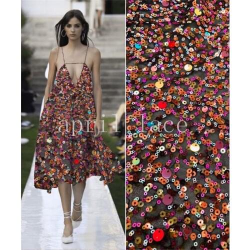 XW01 # 5yards/lot Colorful Sequin Embroidery Black Tulle Mesh Lace Fabric For Sawing Wedding Bridal Dress/Occasion