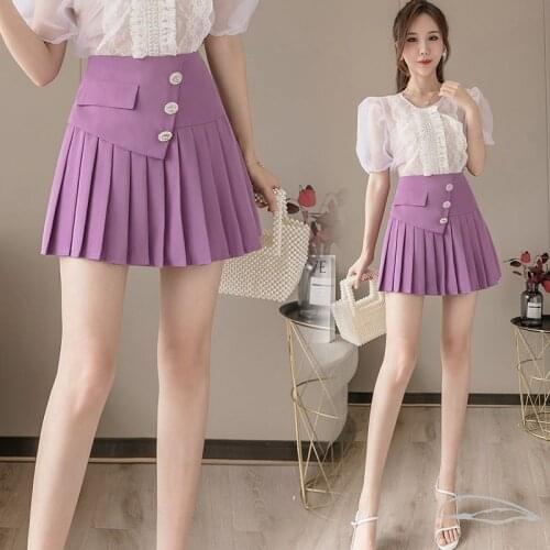 Women 2021 Summer New Rhinestone Buckle High Waist Slimming Pleated Skirt Girls Lady Students All-match Skirts