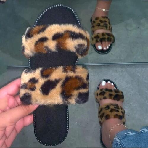 Ladies Sexy Summer Slippers Sandals Fashion New Leopard Print Slides Shoes Womens Home Furry Plush Slippers Wholesale
