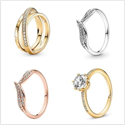 Authentic 925 Sterling Silver Clear Sparkling Crown Solitaire Pan Ring For Women Wedding Party Europe Jewelry