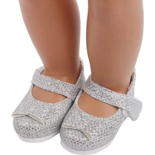 18 inch Girls doll shoes Shiny silver bow dress shoes PU American newborn shoe Baby toys fit 43 cm baby dolls s67