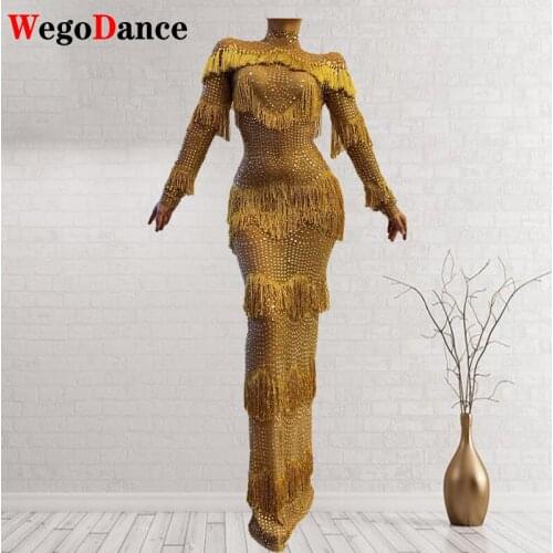 Flashing Gold Rhinestone Fringe Transparent Tassel Long Dress Birthday Celebrate Prom Dress Women Dancer Dress