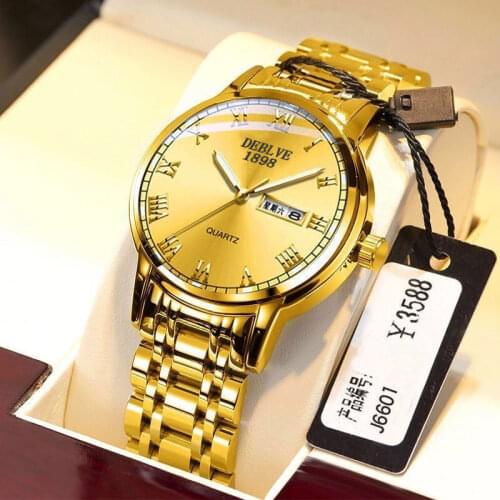 Authentic Mens Watch Stainless Steel Calendar (Chinese English Double Display) Quartz Watch Waterproof Clock Gold Male A4139