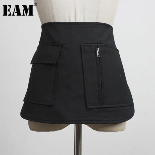 [EAM] Asymmetrical Pockets Split Joing Wide Black Belt Personality Women New Fashion Tide All-match Spring Autumn 2021 1DD3190