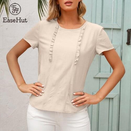 EaseHut Summer O Neck Short Sleeve Blouse Women Cotton Linen Shirt Casual Ruffles Tops Femininas Blusas Work Top Chemise